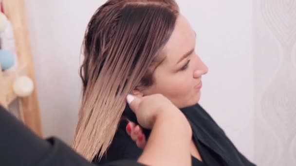 Cabeleireiro pentear o cabelo molhado em um salão de beleza. — Vídeo de Stock
