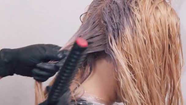 Rückansicht der Haarfärbung. Hände verteilen den Farbstoff mit einem Kamm durch die Haare. — Stockvideo