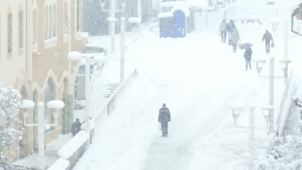 Zrenjanin Serbia Dezember 2018 Menschen Gehen Über Die Schneebedeckte Brücke — Stockvideo