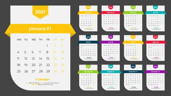 Calendario Escritorio 2021 Planificador Anual Con Todos Los Meses Horario — Vector de stock