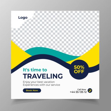Gezici sosyal medya pankartı şablonu, seyahat tatili ve tatil ajansı posta afişi
