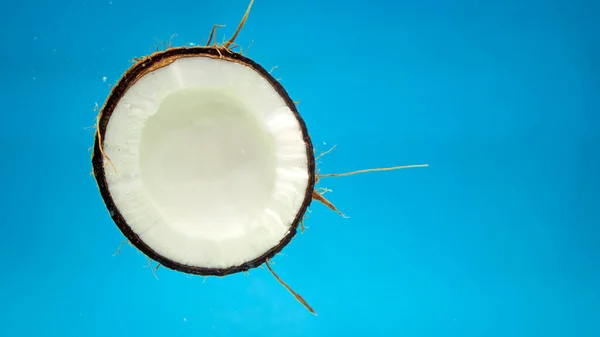 Mavi suyun altında hindistan cevizi, hindistan cevizi yağı ve süt, egzotik bir tropikal beslenme çubuğu.