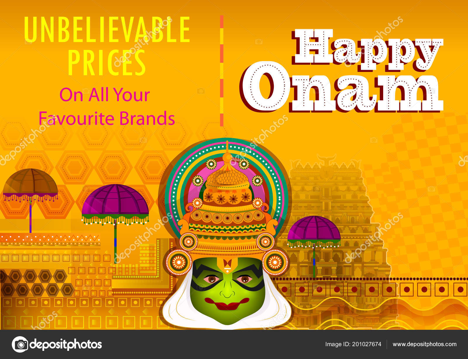 Feliz festival Onam saludos fondo de promoción de venta para marcar festival hindú anual de India vector, gráfico vectorial © stockillustration imagen #201027674