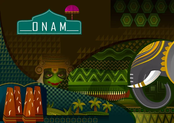 Felices saludos del festival Onam para conmemorar el festival hindú anual de Kerala, India — Vector de stock
