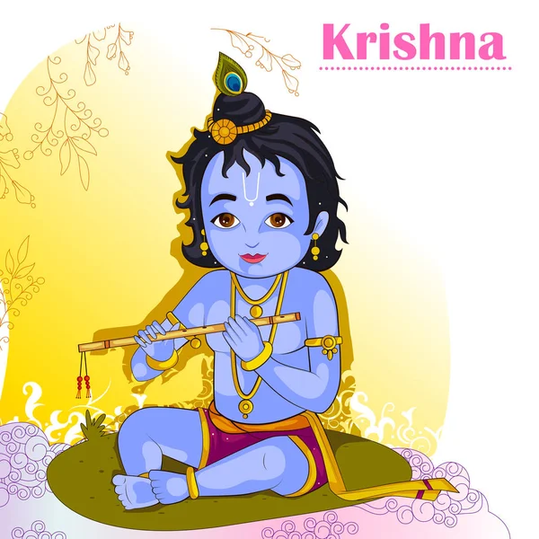 Маленький Кришна играет на флейте бансури на фоне Джанмаштами — стоковый вектор