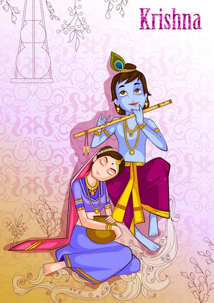 Kanha tocando la flauta bansuri con Radha en el fondo de Krishna Janmashtami — Vector de stock