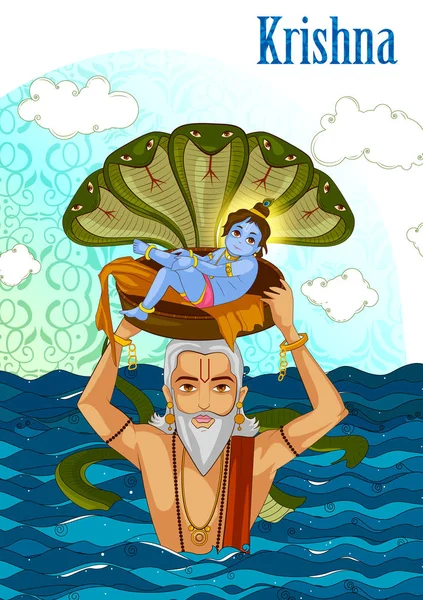 Vasudev portant la petite Krishna avec Kaliya Naag sur Janmashtami — Image vectorielle
