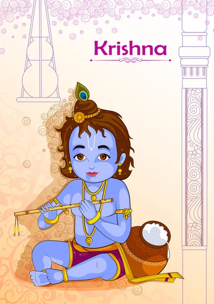 Маленький Кришна играет на флейте бансури на фоне Джанмаштами — стоковый вектор