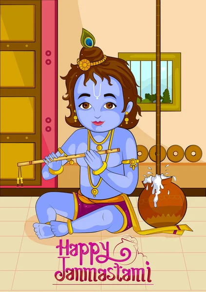 Küçük Krishna Janmashtami arka üzerinde bansuri flüt çalmaya — Stok Vektör