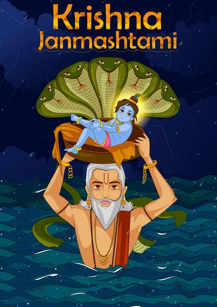 Vasudev portant la petite Krishna avec Kaliya Naag sur Janmashtami — Image vectorielle