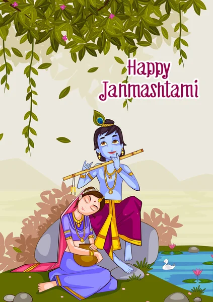 Kanha suona il flauto bansuri con Radha su sfondo Krishna Janmashtami — Vettoriale Stock