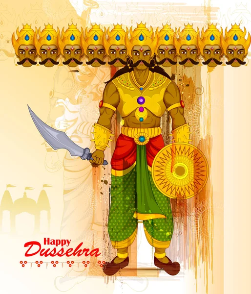 Diez encabezaron Ravana en el fondo del festival Happy Dussehra — Vector de stock