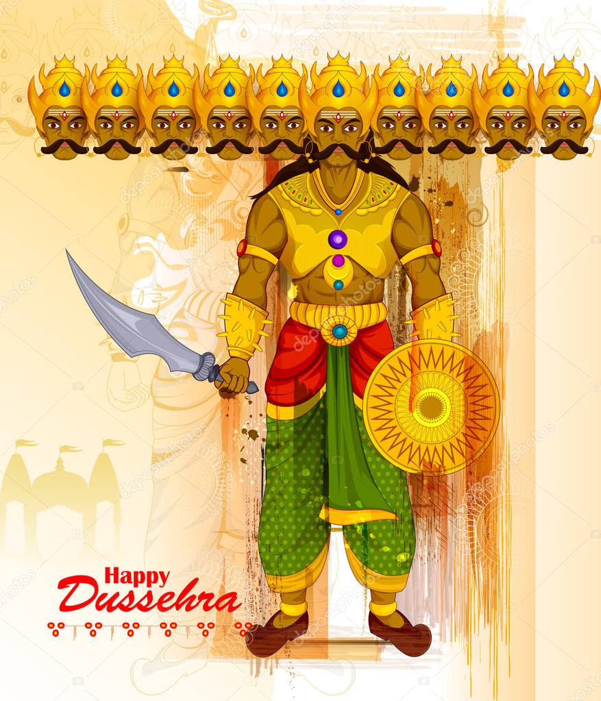 Ten headed Ravana on Happy Dussehra festival background 