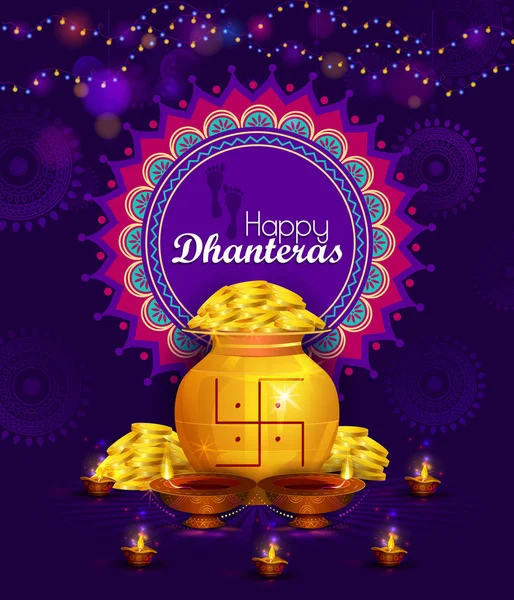 Mutlu Dhanteras Diwali Işık Festivali Hindistan 'ı selamlıyor — Stok Vektör