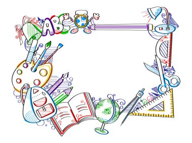 Kitap, kalem, kurşun kalem ve diğer sattionery nesne okul kavramı geri