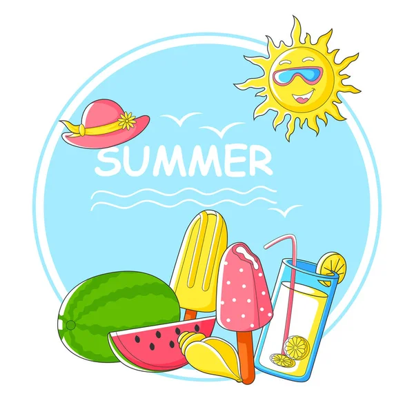 Olá férias de verão fundo com férias e tema de viagem — Vetor de Stock