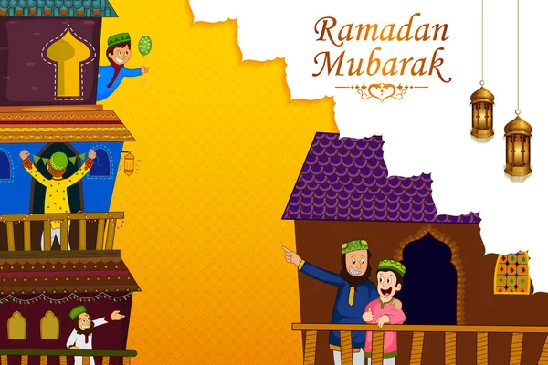 Familles musulmanes souhaitant Eid Moubarak, Happy Eid on Ramadan festival shopping sale — Image vectorielle