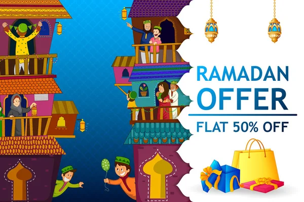 Familias musulmanas deseando Eid Mubarak, Happy Eid en la venta de compras del festival Ramadán — Vector de stock