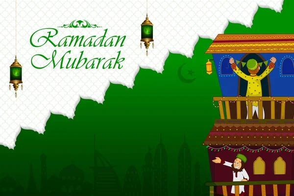 Familias musulmanas deseando Eid Mubarak, Happy Eid en la venta de compras del festival Ramadán — Vector de stock