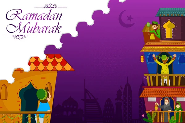 Muslim families wishing Eid Mubarak,Happy Eid on Ramadan festival shopping sale — Stock Vector