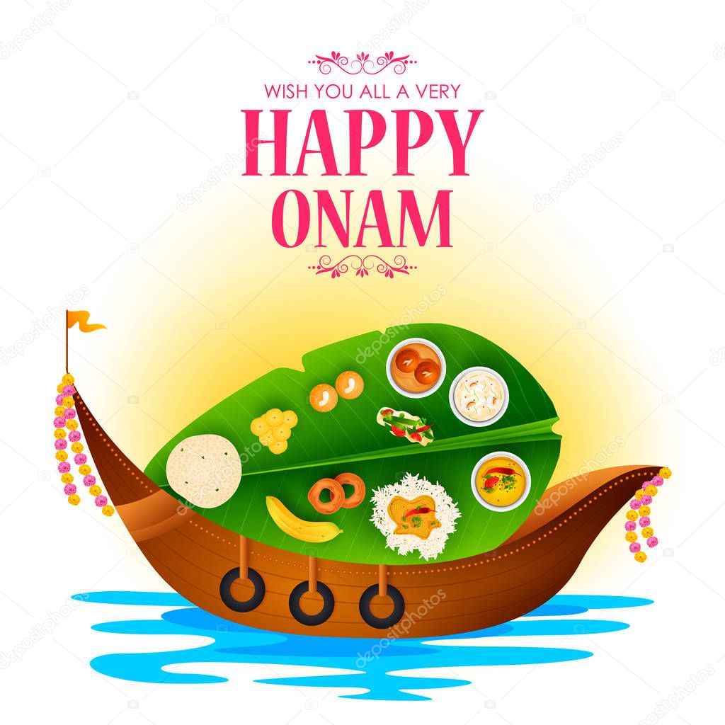 Happy Onam festival greetings to mark the annual Hindu festival of Kerala, India