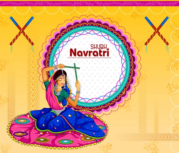 Personas que realizan danza Garba en Dandiya Raas para Dussehra o Navratri — Vector de stock