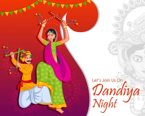 Pareja realizando danza Garba en Dandiya Raas para Dussehra o Navratri — Vector de stock