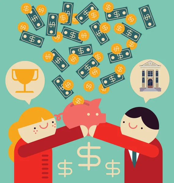 Banknotlarla dolu kumbarası olan bir çift girişimci, çabalarının kârlı dönüşünü izlerken gülümsüyor.