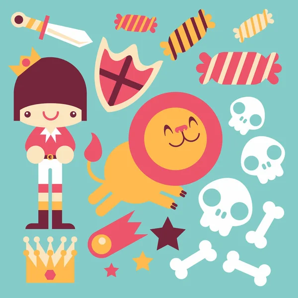 Prens çocuk, sevimli vahşi aslan ve çeşitli kraliyet simgeleri.