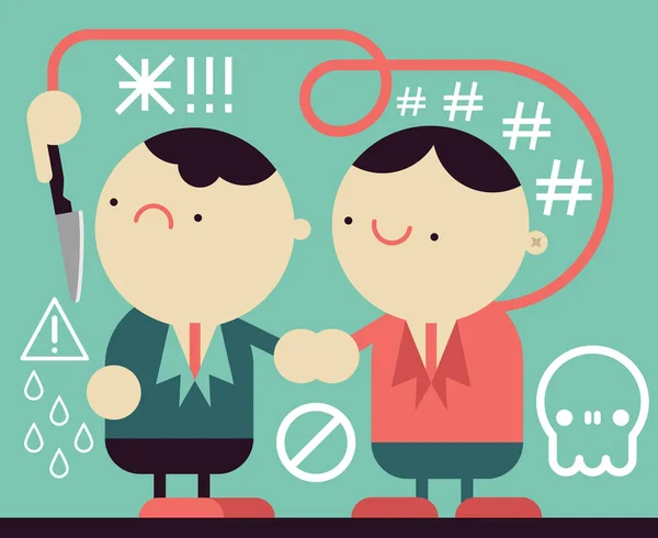 İş adamı arkadaşını sırtından bıçaklıyor, komik karakterler ve arka planda çeşitli semboller var.