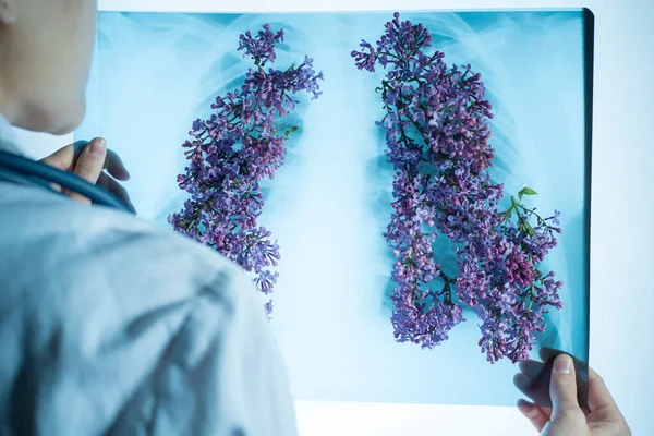 the doctor examines an x-ray from which flowers grow in the form of the patients lungs, with coronavirus pneumonia. On white background. Medical concept of lung diseases coronavirus. Examination of an x-ray of a pulmonary pattern with spring flowers.
