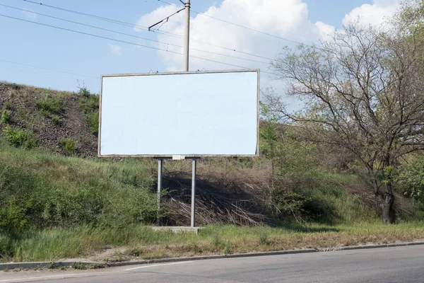 the billboard and road outdoor. road billboard, against the background of green trees of the road, an empty ad-free billboard along the road. Advertising, signboard, blank, pattern, copy space