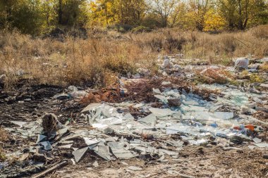Orman atıklarla kirlenmiş. Doğada plastik atık. Çevre kirliliği. Orman plastikle kirlidir. Ev inşaatının atıkları. Çöp yığınının arka planında sonbahar manzarası