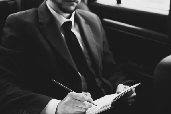 Closeup Portrait Young Businessman Beard Stylish Clothes Sits Passenger Seat — Stock Photo, Image