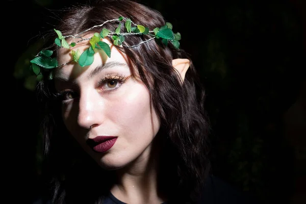 Halloween girl elf, against the background of green forest vegetation, dark background Brunette girl with a creative hairstyle braids, art make-up and the elf\'s ears. Beauty face. Photo taken in the studio.