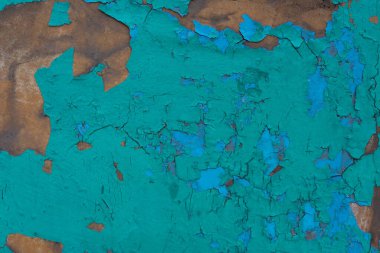 Eski çatlamış turkuaz boya soyut arka plan kahverengi pas lekeleri eski ahşap boya açık mavi kırsal arka plan, boya soyulmuş