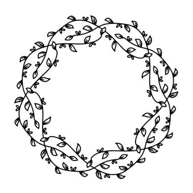 Küçük yaprakları ve kalp şeklinde çiçekleri olan güzel, narin bir çelenk. Beyaz arka planda bir çiçekli açılış çelenginin siyah ve beyaz vektör çizimi. Tasarımınız için ayrı bir nesne.
