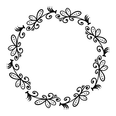 Soyut çiçekli güzel bir çelenk, beyaz arka planda elementler ve noktalar. Siyah ve beyaz desenli çerçeve çelenklerinin yazı için yeri var. Tasarımınız için ayrı bir nesne.