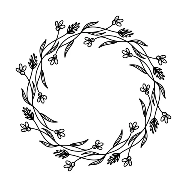 Прекрасний Вінок Квітів Колосків Білому Тлі Чорно Біла Векторна Ілюстрація — стоковий вектор