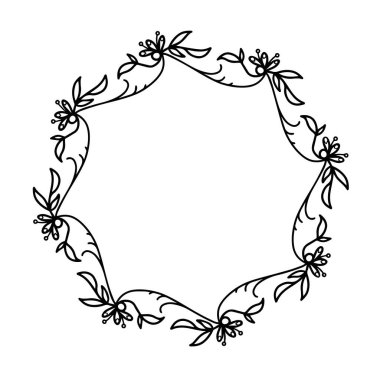 Beyaz arka planda soyut çiçekleri ve elementleri tekrarlayan güzel bir çelenk. Metin için yeri olan bir çiçeğin siyah ve beyaz vektör çizimi. Tasarımınız için izole edilmiş dış hat nesnesi.