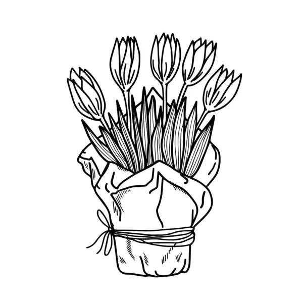 Букет Яти Тюльпанів Ремісничому Папері Білому Тлі Векторна Ілюстрація Букета — стоковий вектор