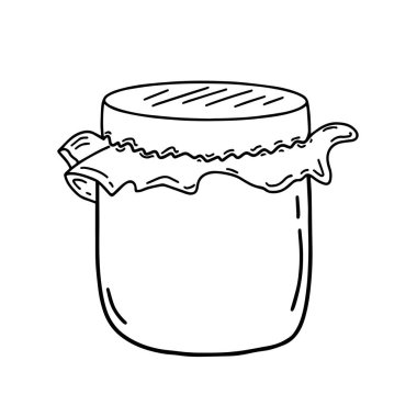 Beyaz arka planda karalama tarzında kumaş kapaklı tek bir şeffaf kavanoz. Metni olan bir cam kavanozun siyah-beyaz çizimi. Ayrı nesne.