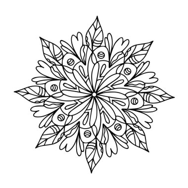  Beyaz arka planda çiçek ve karalama elementleri olan güzel bir mandala. Siyah ve beyaz ana hatlı mandala yakın çekim vektör çizimi. Renklendirme için izole nesne, yazdırma.