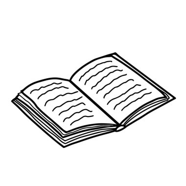 Beyaz arkaplan üzerine açık bir kitabın tek bir siyah beyaz çizimi. Tasarımınız için yakın plan bir kitabın vektör çizimi. Ayrı nesne.