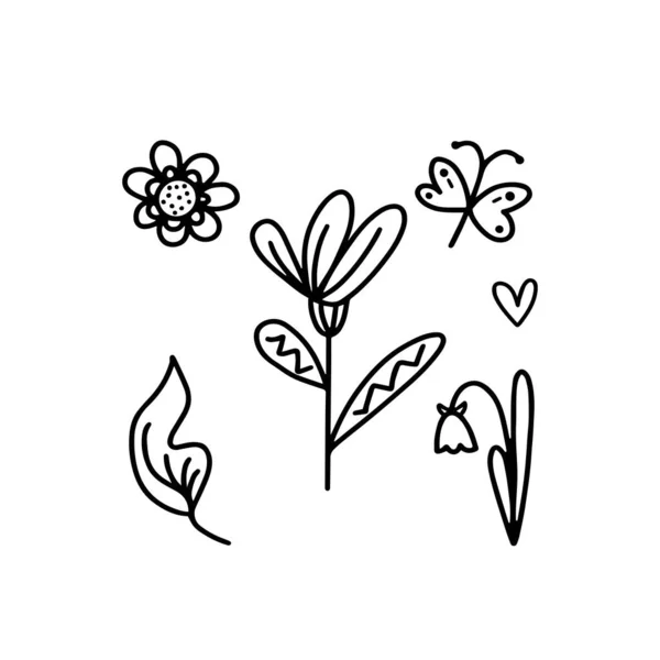 Doodle Uppsättning Blommor Blad Fjäril Hjärta Vit Bakgrund Svart Och — Stock vektor