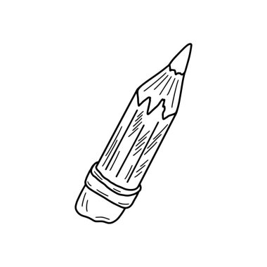 Beyaz arka planda tek sivri uçlu kalem. Ucunda silgi olan eski bir kalemin siyah beyaz çizimi. Tasarımınız için ayrı bir nesne.