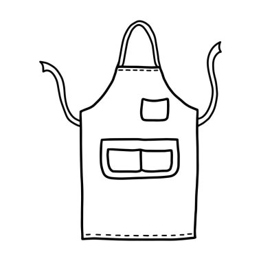  Üç cepli uzun önlük. Siyah-beyaz el çizimi, kravatlı bir önlüğün resmi. Yazdırma, renklendirme, dekorasyon için beyaz arkaplan üzerindeki izole nesne. 