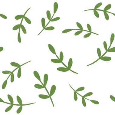 Yapraklı yeşil küçük dallardan oluşan kusursuz bir desen. El yapımı yaprakların arka planı. Parmak izi ve tekstil için kusursuz desen.