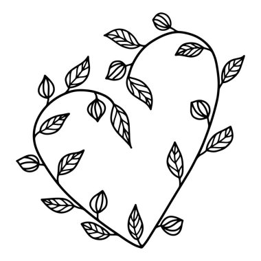 Bir kalp şeklinde soyut bir çiçek çerçevesi. Tomurcuklardan ve beyaz arkaplandaki yapraklardan bir kalbin siyah ve beyaz çizimi. Tasarımınız için ayrı bir nesne.