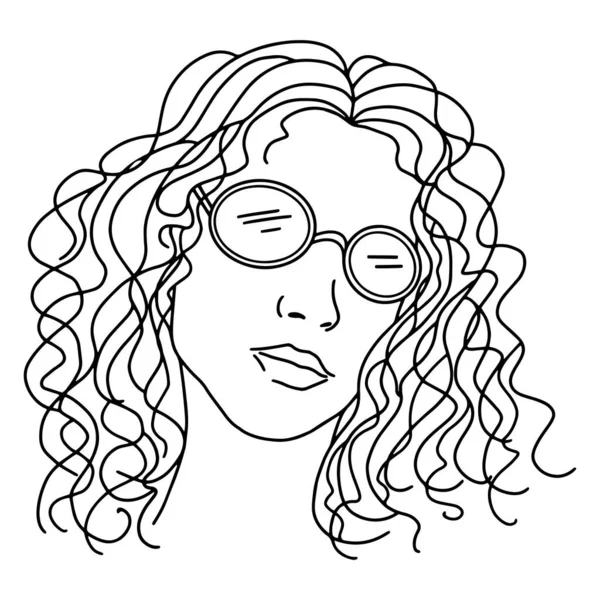 Porträtt Flicka Solglasögon Med Lockigt Långt Hår Svart Och Vitt — Stock vektor